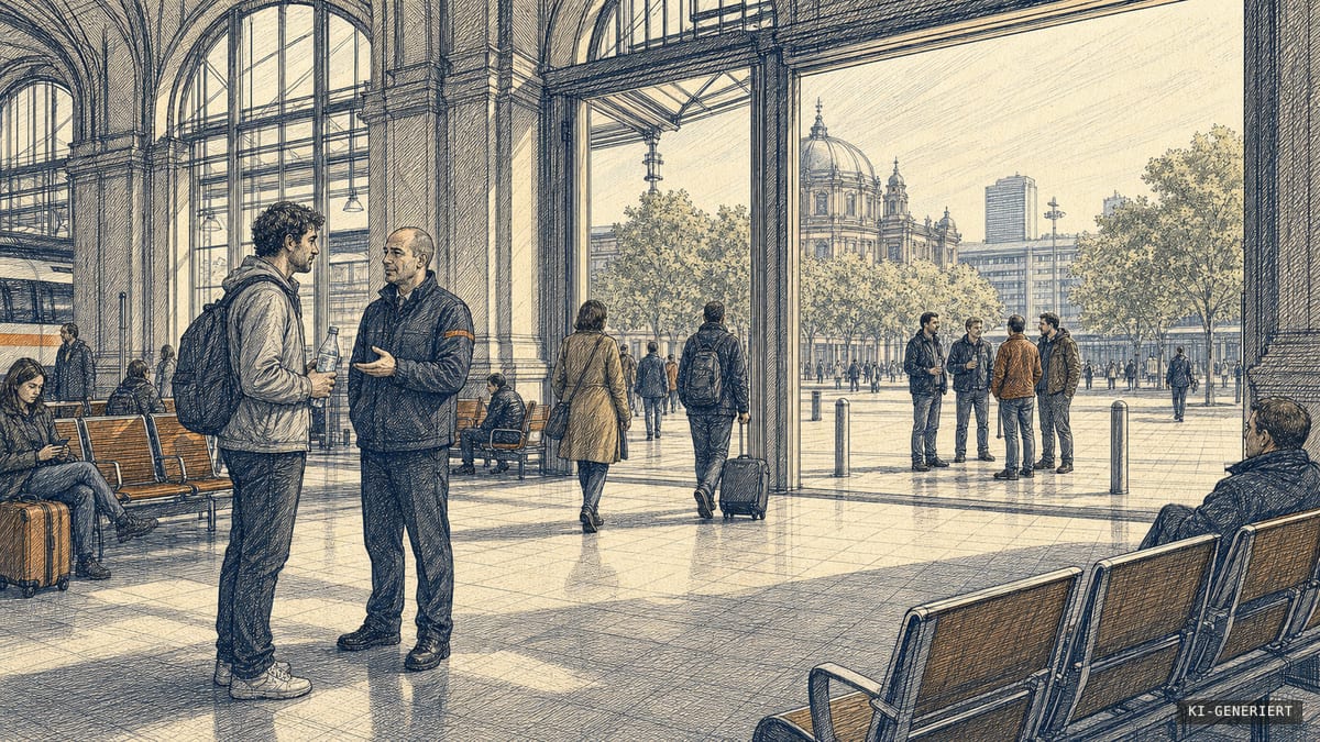 In einer hellen Bahnhofshalle spricht eine Sicherheitskraft ruhig mit einem Reisenden, der eine offene Flasche hält; vor dem Ausgang steht eine kleine Gruppe mit Flaschen auf dem Bahnhofsvorplatz.