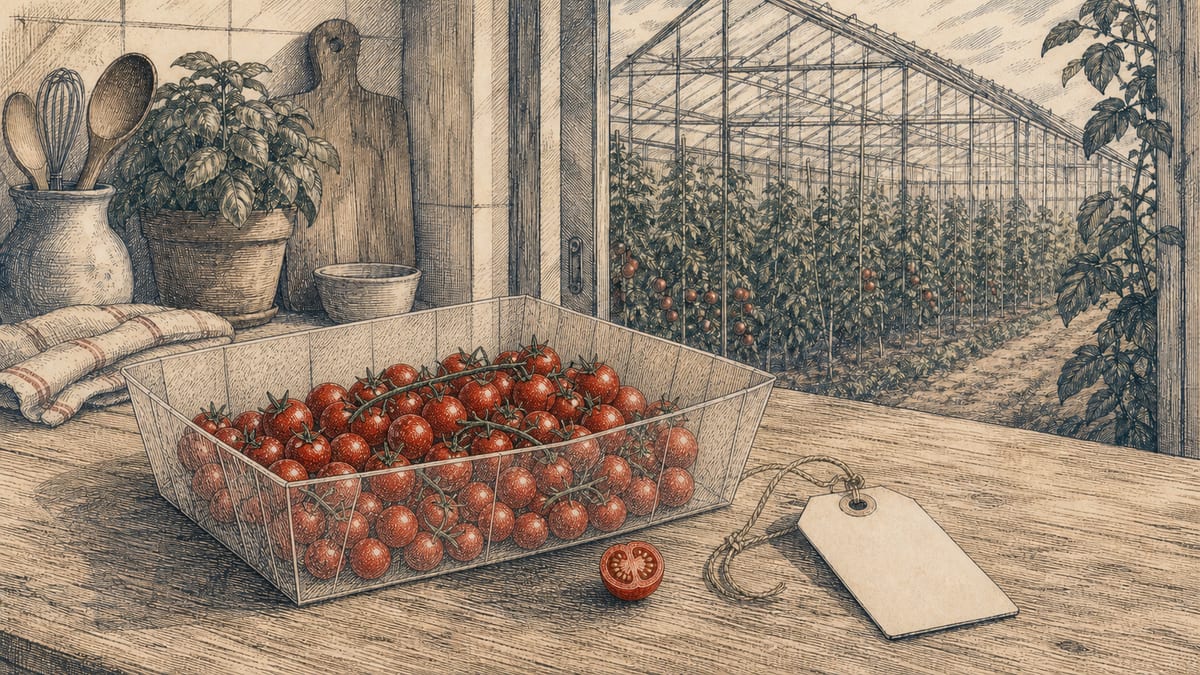 Zahlreiche deutlich kleine Snacktomaten in einer neutralen Schale auf einem Holztisch, dahinter ein Gewächshaus mit Tomatenpflanzen; ruhige Tusche- und Radierungsillustration.